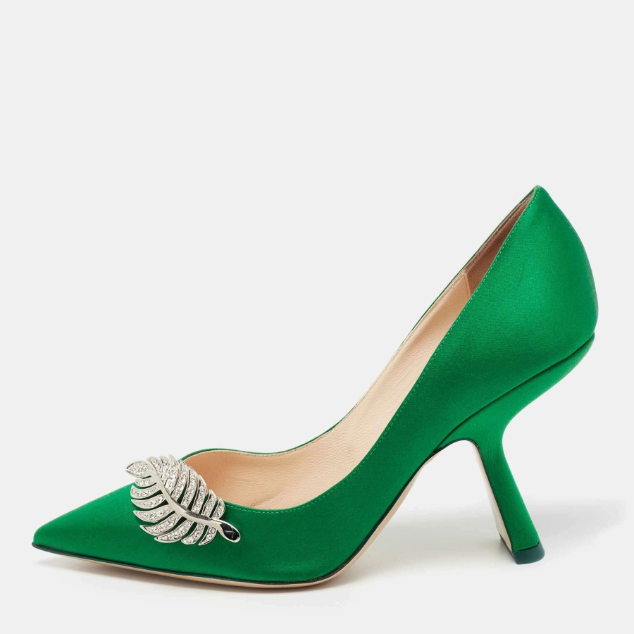 Women'S Shoes * | Nicholas Kirkwood Satin Monstera 90 Crystal Embellished Pointed Toe Pumps Size 38.5 For Women Green