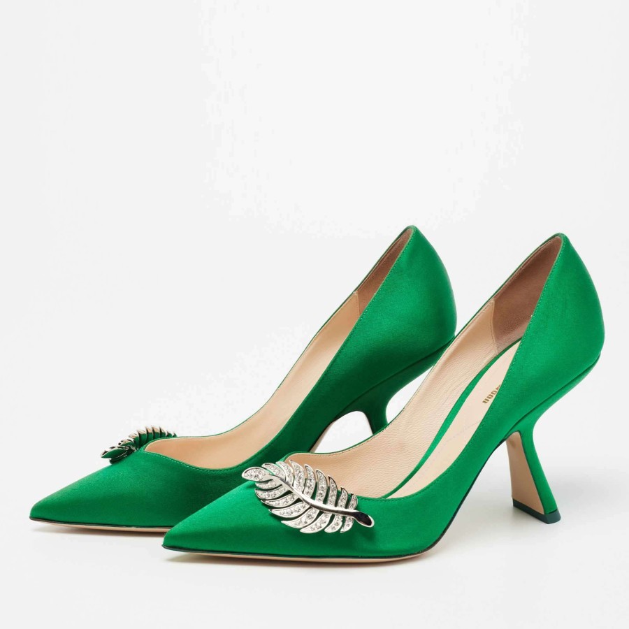 Women'S Shoes * | Nicholas Kirkwood Satin Monstera 90 Crystal Embellished Pointed Toe Pumps Size 38.5 For Women Green