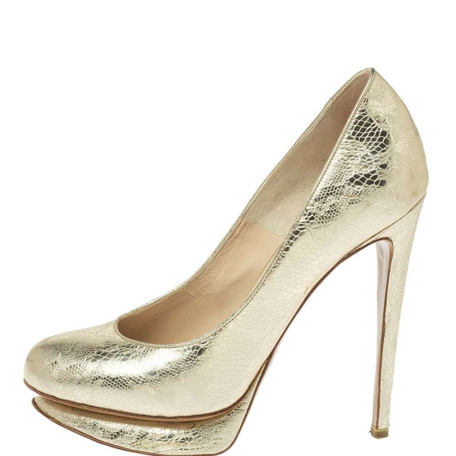 Women'S Shoes * | Nicholas Kirkwood Gold Floral Textured Leather Round Toe Platform Pumps Size 36.5 For Women Metallic