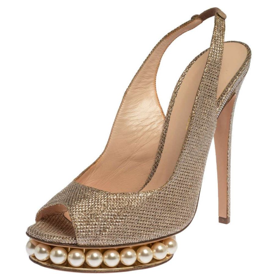 Women'S Shoes * | Nicholas Kirkwood Metallic Glitter Fabric Pearl Embellished Platform Slingback Sandals Size 39 For Women Gold