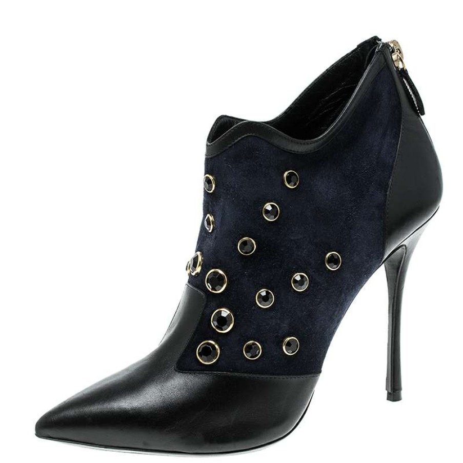 Women'S Shoes * | Nicholas Kirkwood Navy Crystal Embellished Suede And Leather Pointed Toe Ankle Boots Size 39 For Women Blue