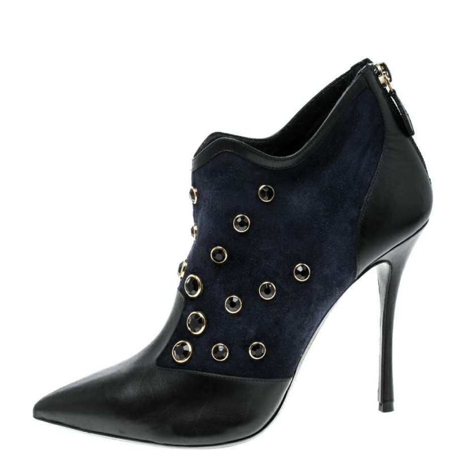 Women'S Shoes * | Nicholas Kirkwood Navy Crystal Embellished Suede And Leather Pointed Toe Ankle Boots Size 39 For Women Blue