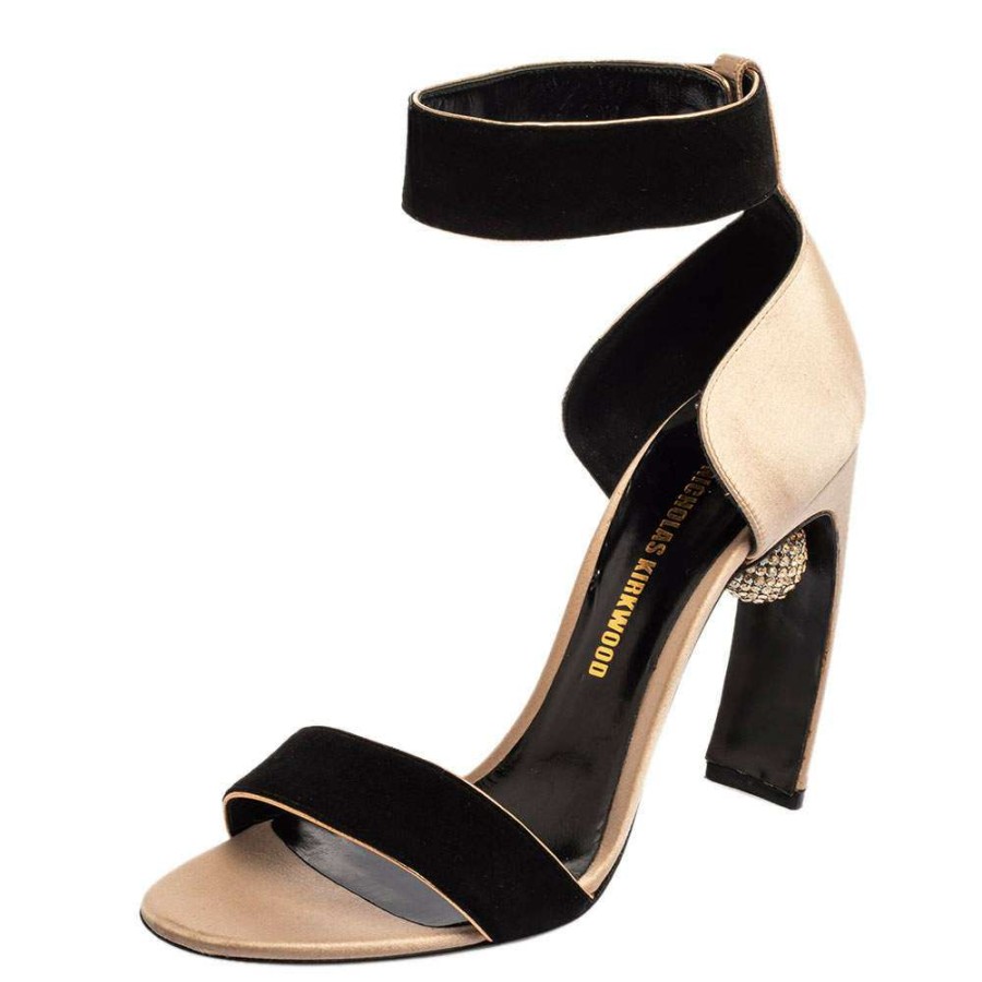 Women'S Shoes * | Nicholas Kirkwood Black/ Satin And Suede Crystal Embellished Ankle Strap Sandals Size 37 For Women Beige