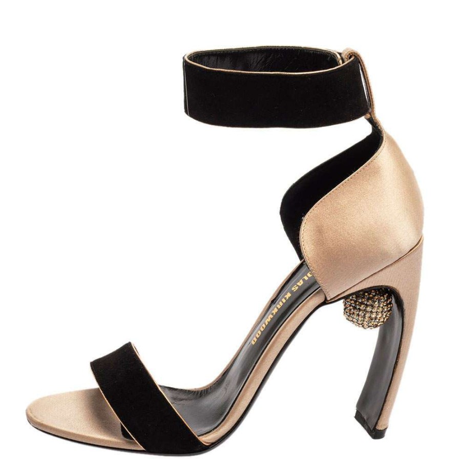 Women'S Shoes * | Nicholas Kirkwood Black/ Satin And Suede Crystal Embellished Ankle Strap Sandals Size 37 For Women Beige