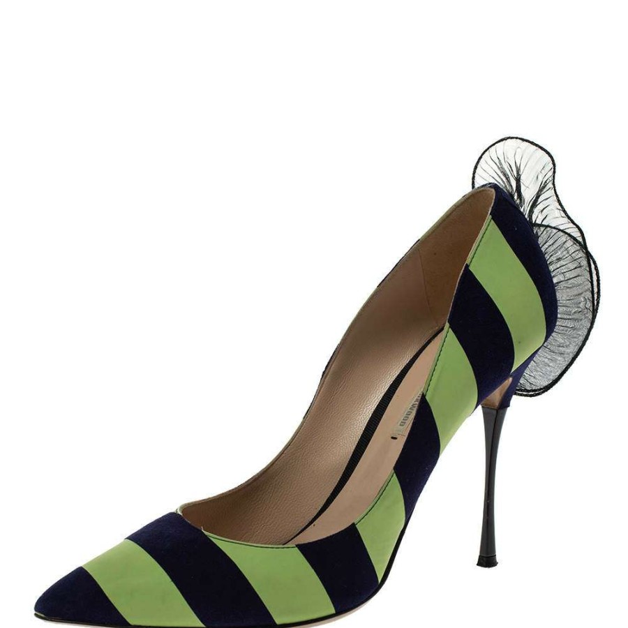 Women'S Shoes * | Nicholas Kirkwood /Green Stripe Suede And Leather Ruffle Back Pointed Toe Pumps Size 41 For Women Blue