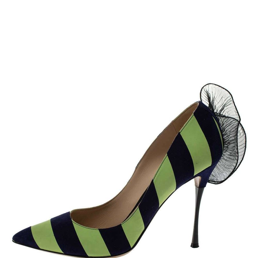 Women'S Shoes * | Nicholas Kirkwood /Green Stripe Suede And Leather Ruffle Back Pointed Toe Pumps Size 41 For Women Blue