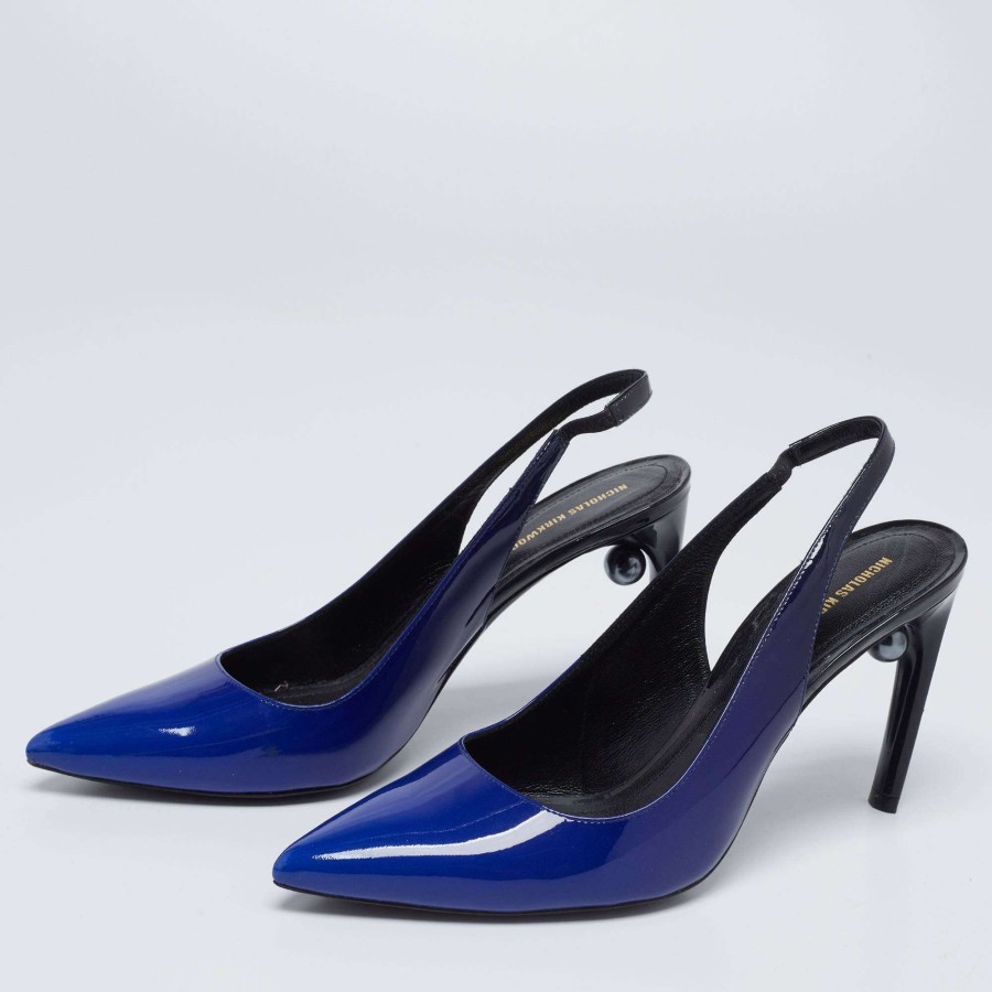 Women'S Shoes * | Nicholas Kirkwood Patent Leather Mia Slingback Pumps Size 39 For Women Blue