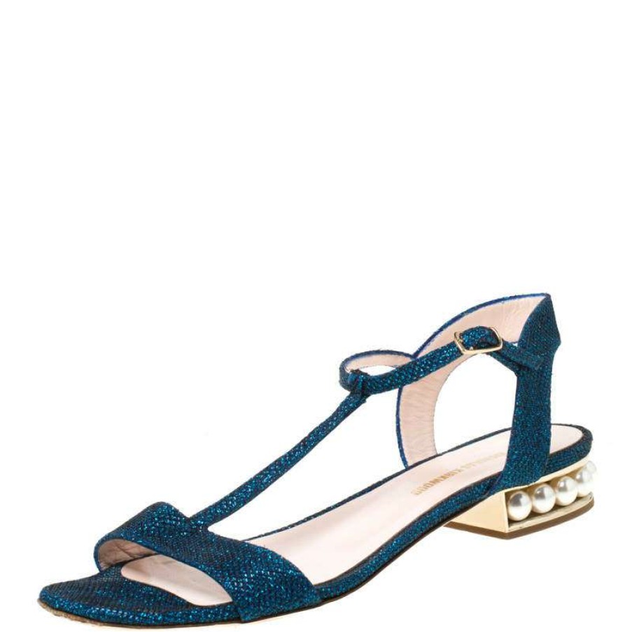 Women'S Shoes * | Nicholas Kirkwood /Black Glitter Fabric T-Strap Casati Pearl Sandals Size 38 For Women Blue