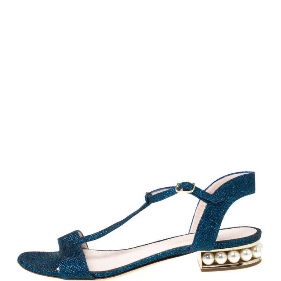 Women'S Shoes * | Nicholas Kirkwood /Black Glitter Fabric T-Strap Casati Pearl Sandals Size 38 For Women Blue