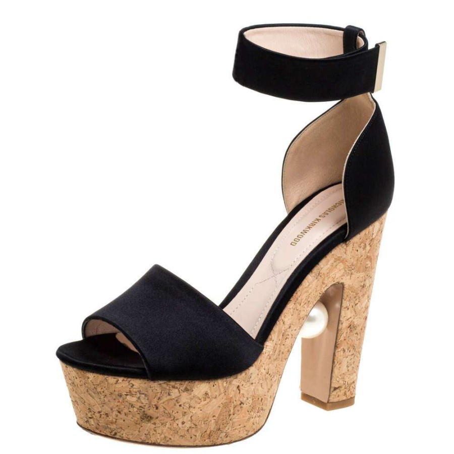 Women'S Shoes * | Nicholas Kirkwood Nicholas Kirkwo Satin Pearl Embellished Cork Platform Sandals Size 39 For Women Black