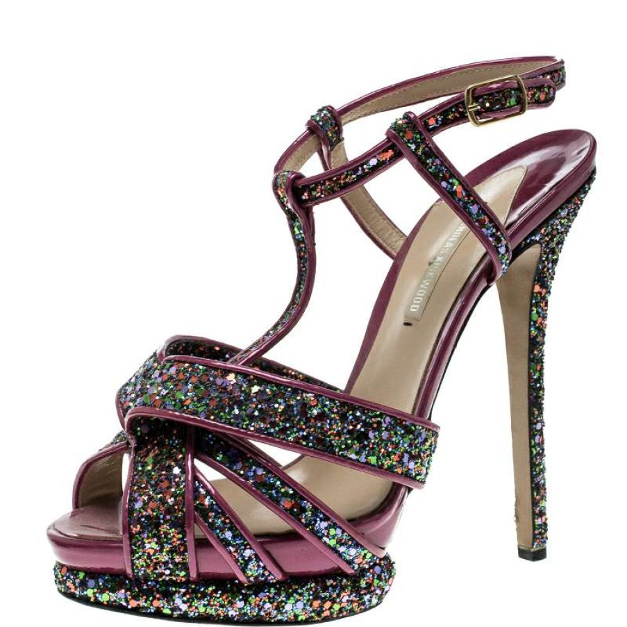 Women'S Shoes * | Nicholas Kirkwood Magenta Patent Leather And Glitter T Strap Platform Sandals Size 40 For Women Pink