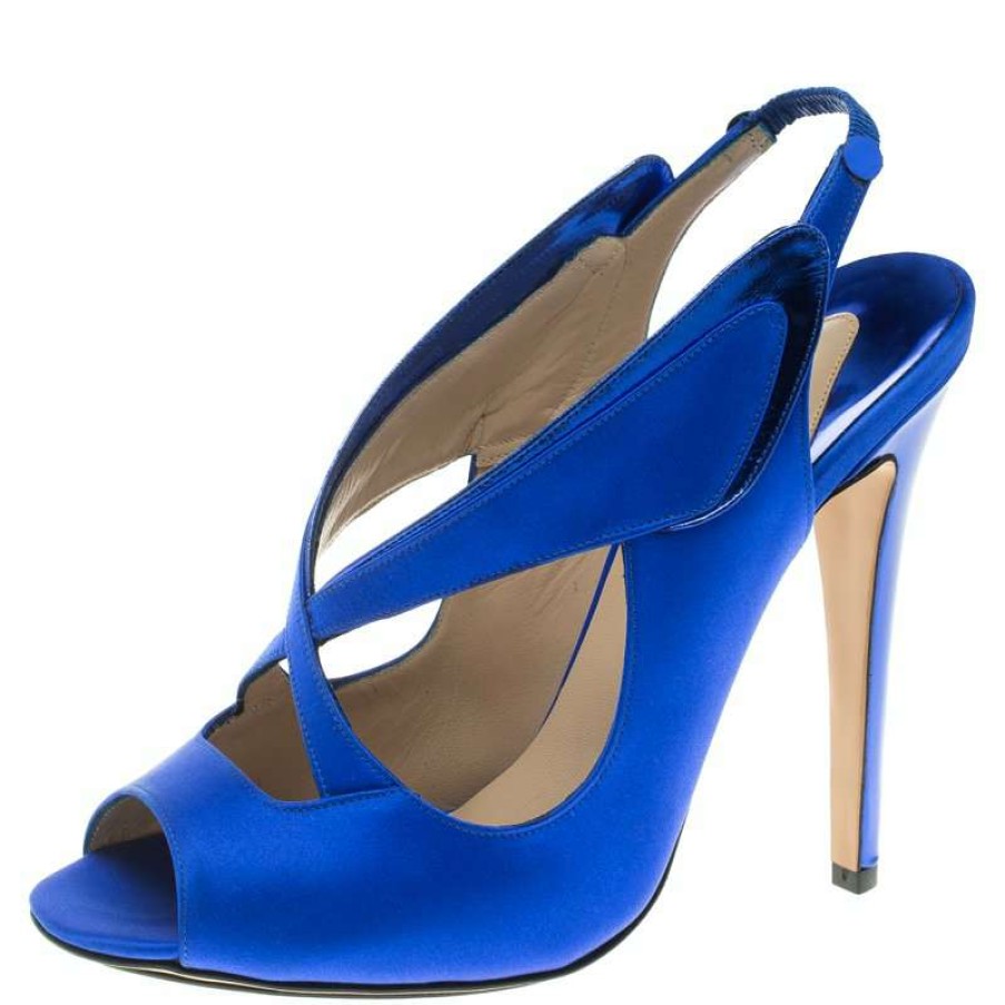 Women'S Shoes * | Nicholas Kirkwood Cobalt Satin Cross Strap Slingback Sandals Size 38.5 For Women Blue