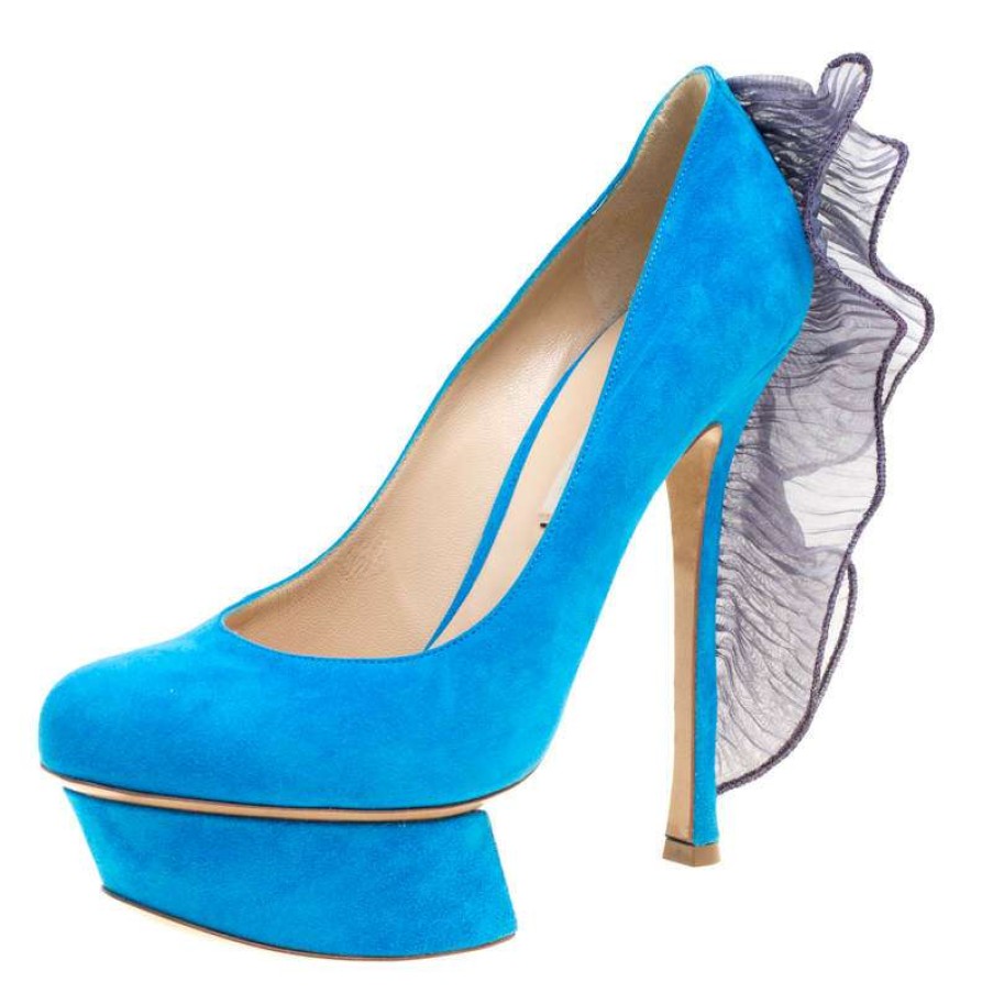 Women'S Shoes * | Nicholas Kirkwood Suede Ruffle Trimmed Platform Pumps Size 38 For Women Blue