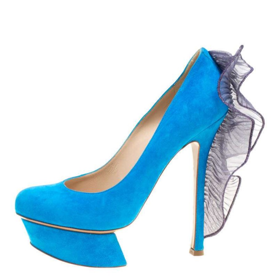 Women'S Shoes * | Nicholas Kirkwood Suede Ruffle Trimmed Platform Pumps Size 38 For Women Blue