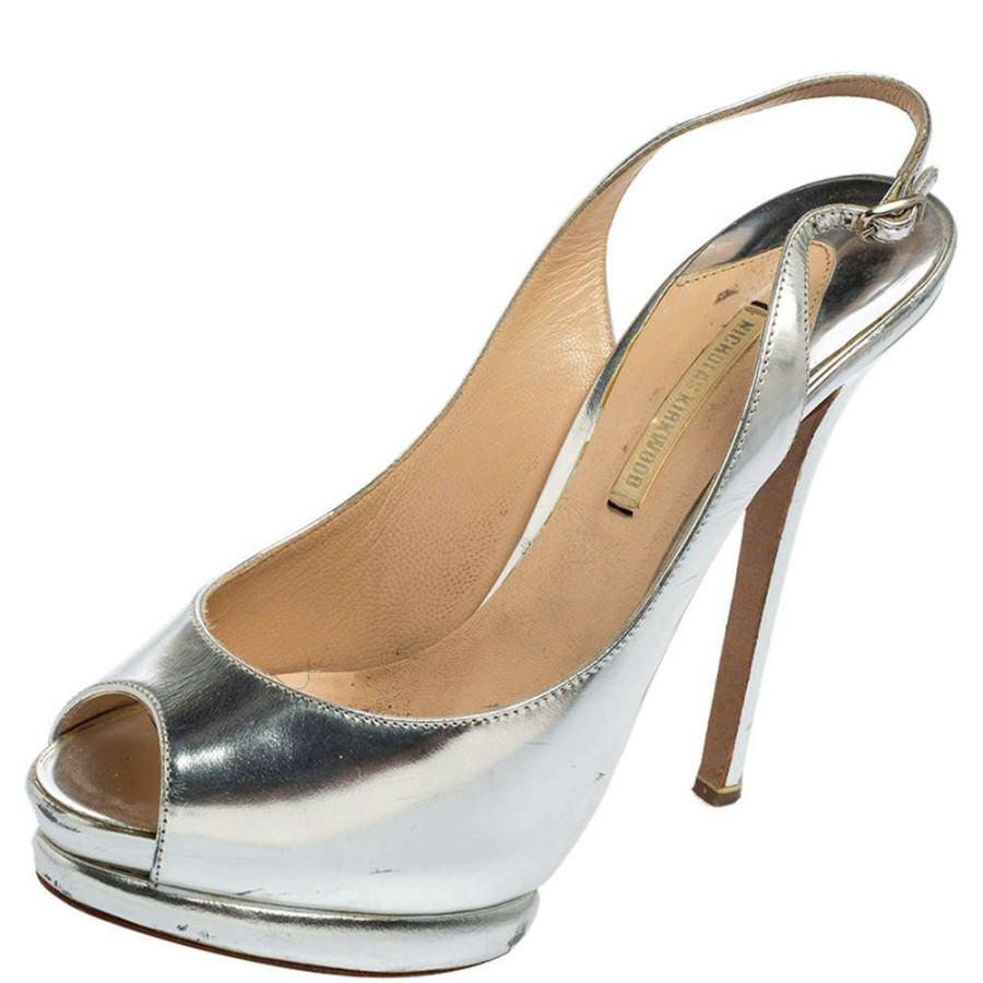 Women'S Shoes * | Nicholas Kirkwood Glossy Leather Peep Toe Slingback Sandals Size 38 For Women Silver