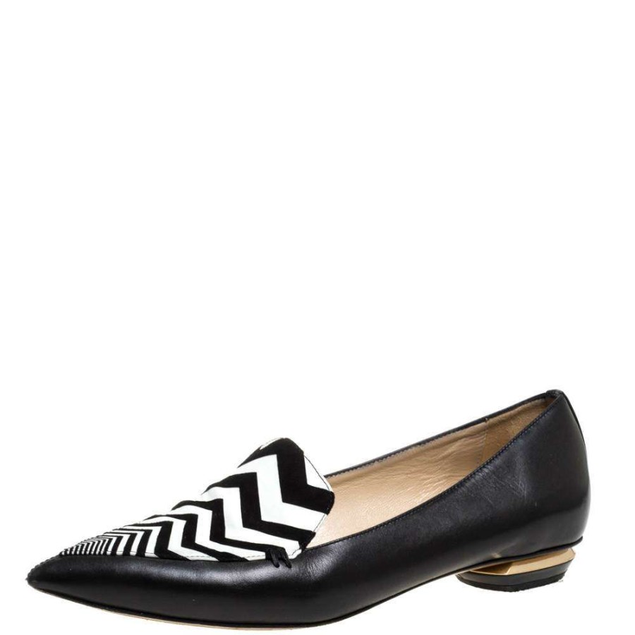 Women'S Shoes * | Nicholas Kirkwood /White Leather Beya Zigzag Pointed Toe Ballet Flats 38 For Women Black