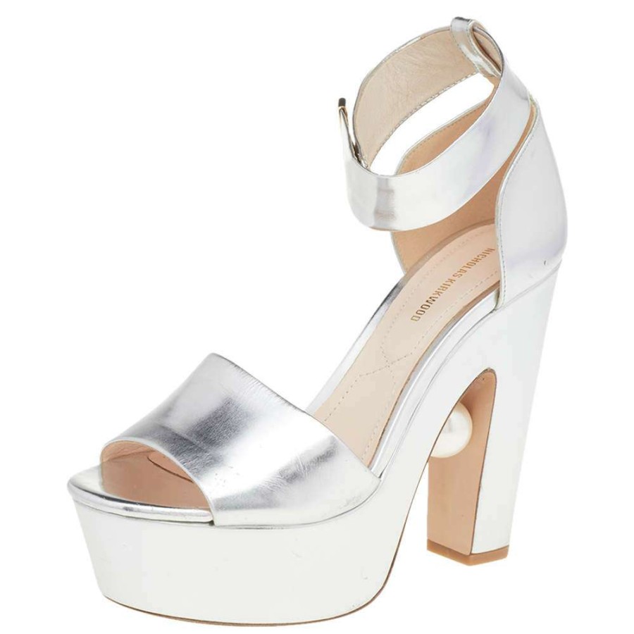 Women'S Shoes * | Nicholas Kirkwood Metallic Leather Platform Ankle Strap Sandals Size 38 For Women Silver