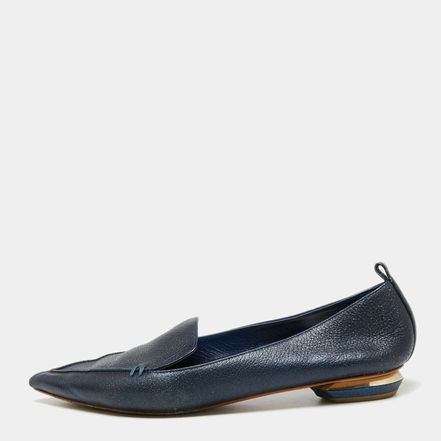 Women'S Shoes * | Nicholas Kirkwood Navy Blue Leather Beya Pointed-Toe Loafers Size 41 For Women Orange