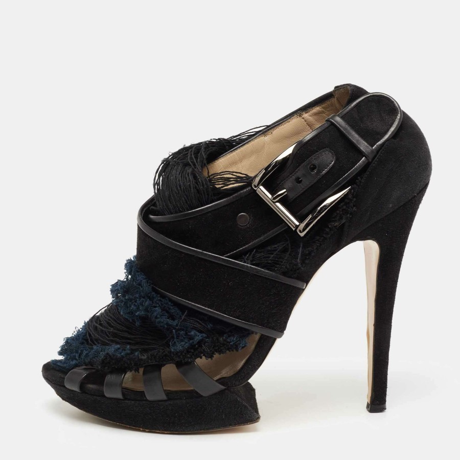 Women'S Shoes * | Nicholas Kirkwood /Blue Suede And Fabric Criss Cross Platform Sandals Size 39.5 For Women Black