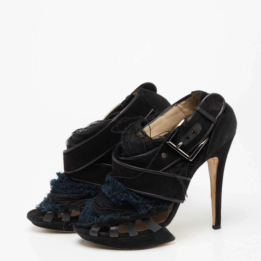 Women'S Shoes * | Nicholas Kirkwood /Blue Suede And Fabric Criss Cross Platform Sandals Size 39.5 For Women Black