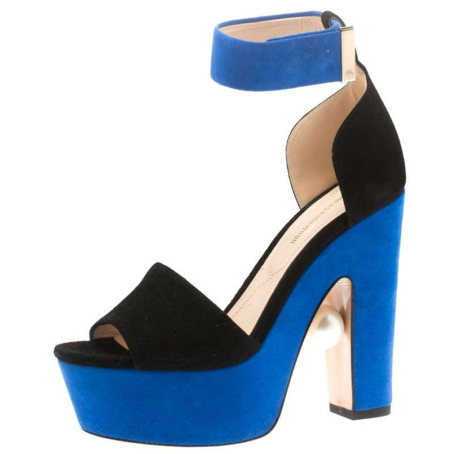 Women'S Shoes * | Nicholas Kirkwood /Blue Suede Maya Pearl Platform Ankle  Strap Sandals Size 35 For Women Black – Outletnicholas