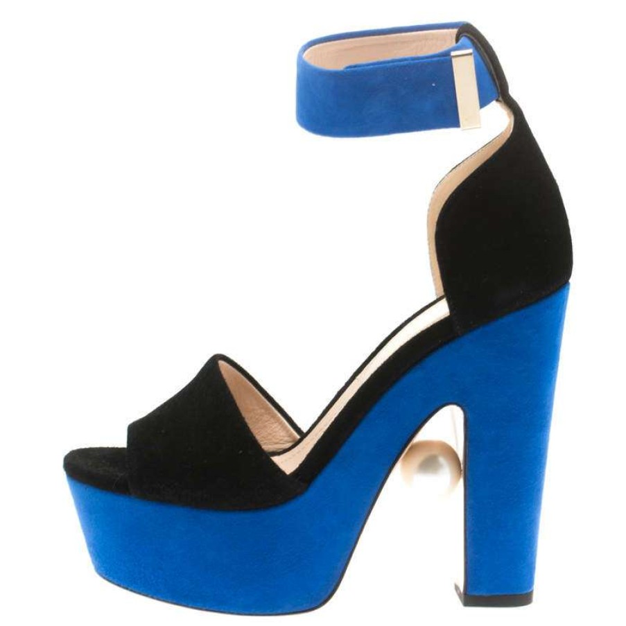 Women'S Shoes * | Nicholas Kirkwood /Blue Suede Maya Pearl Platform Ankle Strap Sandals Size 35 For Women Black