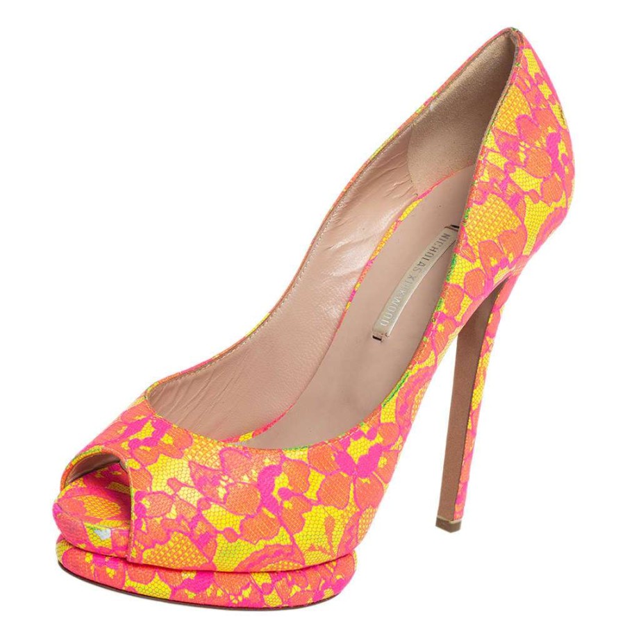 Women'S Shoes * | Nicholas Kirkwood Neon And Yellow Lace Peep Toe Pumps Size 38.5 For Women Pink