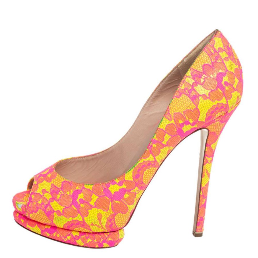 Women'S Shoes * | Nicholas Kirkwood Neon And Yellow Lace Peep Toe Pumps Size 38.5 For Women Pink