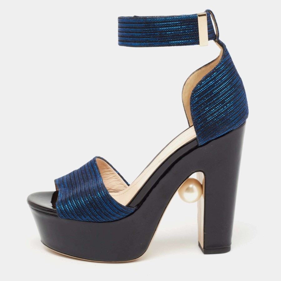 Women'S Shoes * | Nicholas Kirkwood Metallic Fabric Maya Pearl Platform Ankle Strap Sandals Size 38 For Women Blue