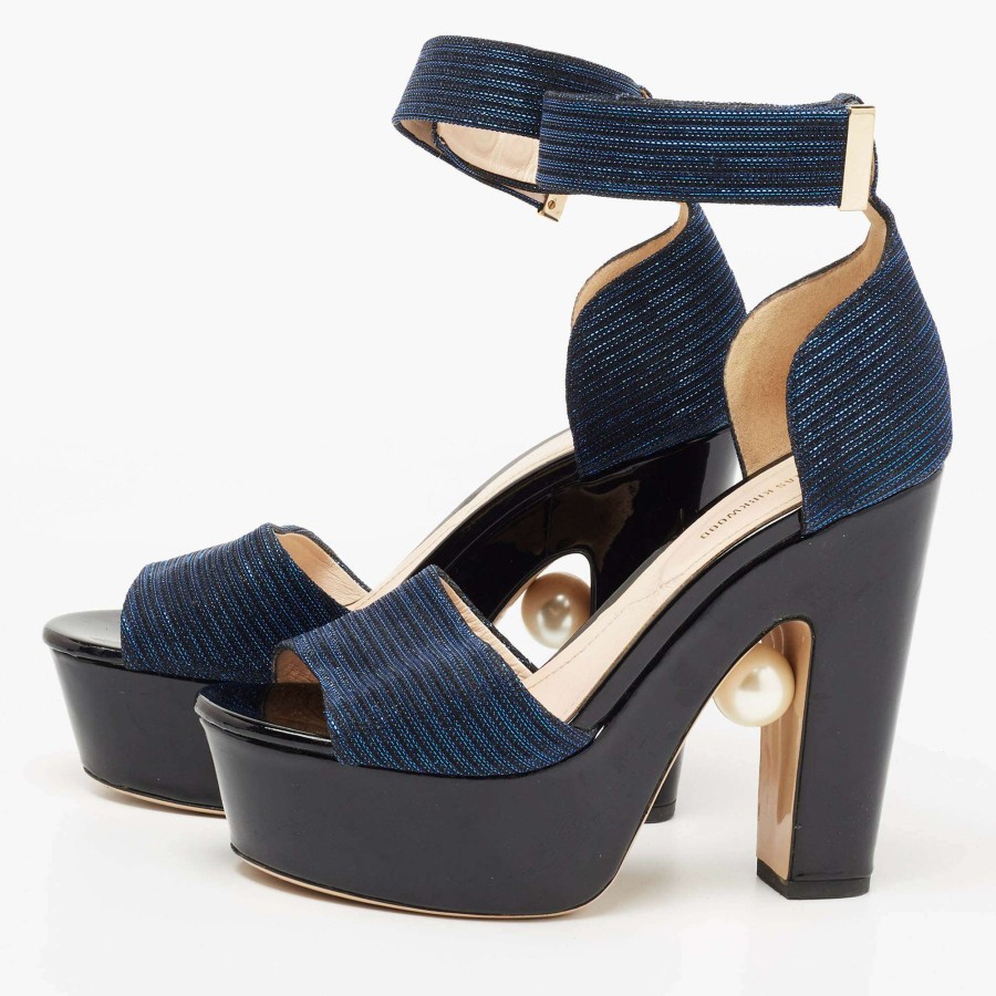 Women'S Shoes * | Nicholas Kirkwood Metallic Fabric Maya Pearl Platform Ankle Strap Sandals Size 38 For Women Blue