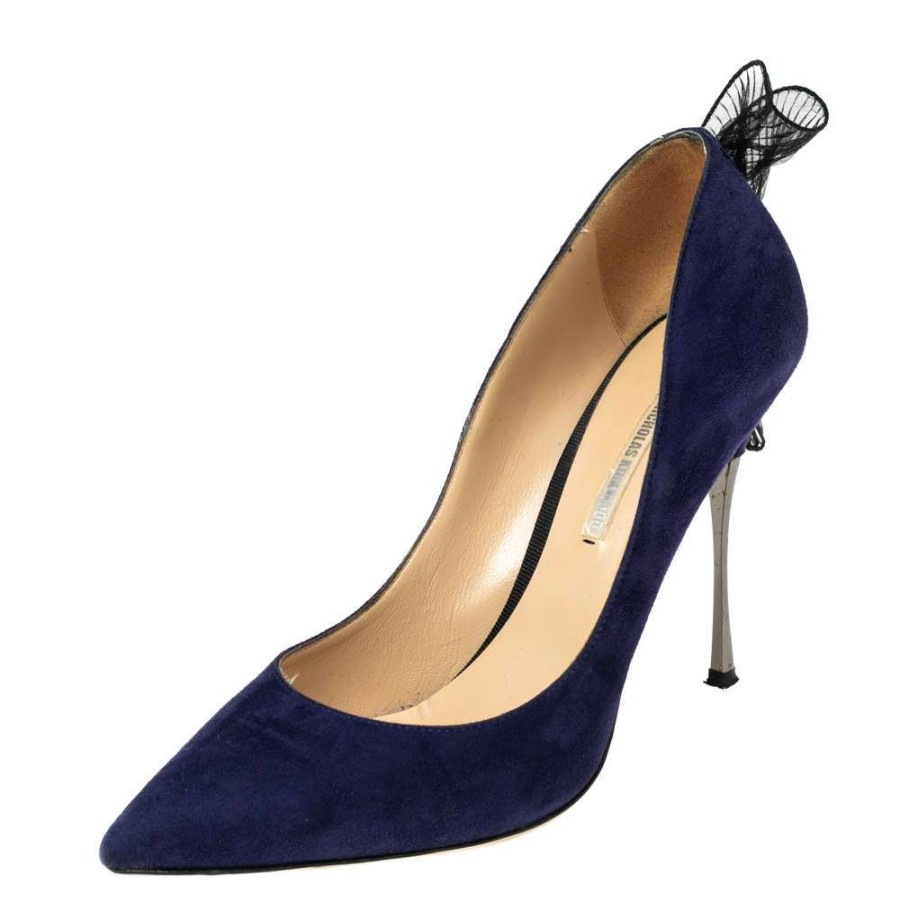 Women'S Shoes * | Nicholas Kirkwood Suede Ruffle Lace Pumps Size 39.5 For Women Navy Blue