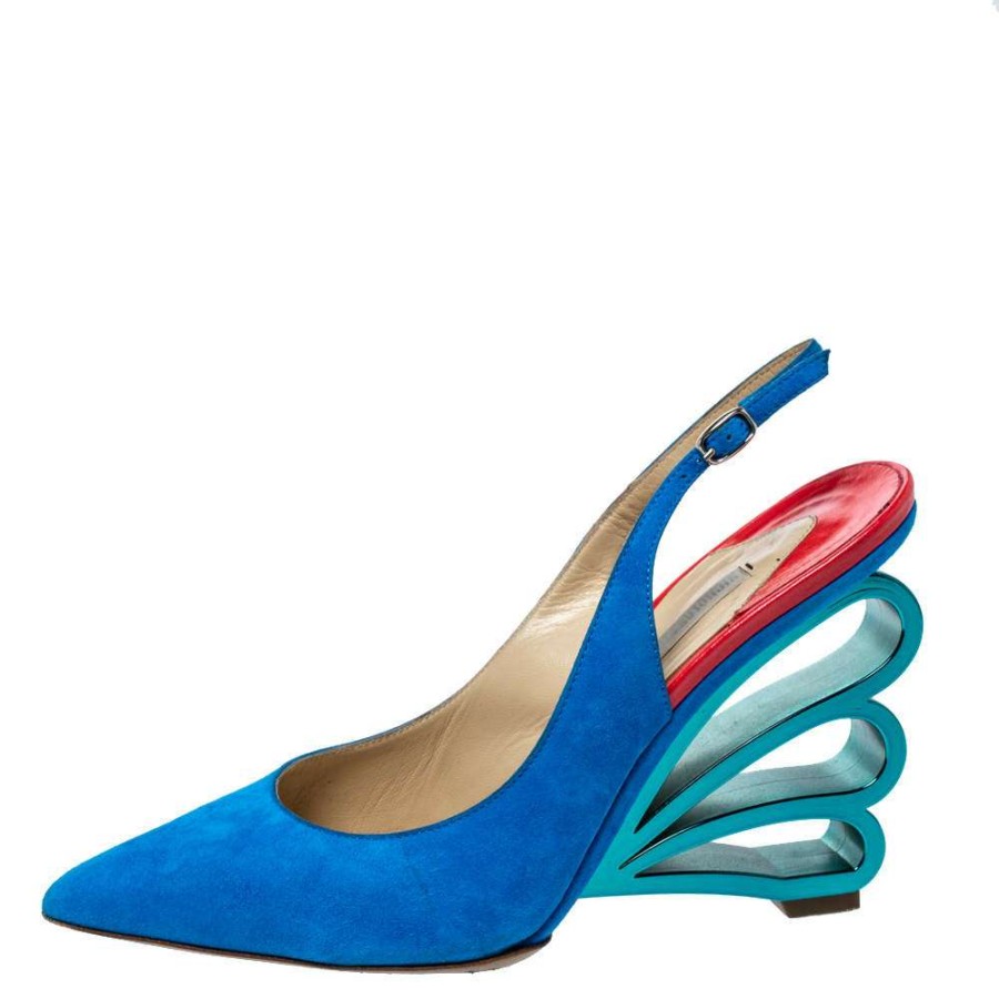 Women'S Shoes * | Nicholas Kirkwood Suede 'Wave Heel' Pointed Toe Slingback Sandals Size 38 For Women Blue