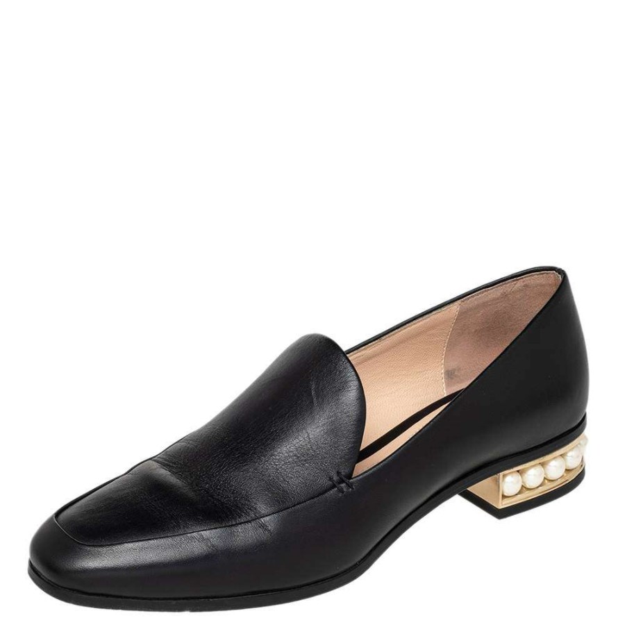 Women'S Shoes * | Nicholas Kirkwood Leather Casati Pearl Embellished Heel Loafers Size 38 For Women Black