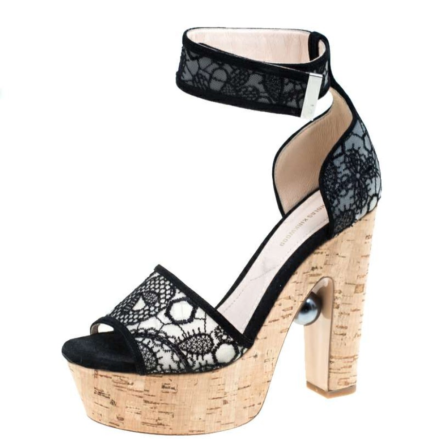 Women'S Shoes * | Nicholas Kirkwood Lace Maya Pearl Platform Ankle Strap Sandals Size 38.5 For Women Black