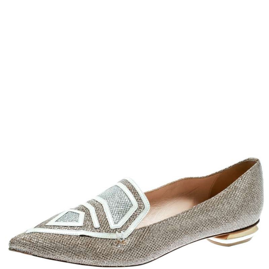 Women'S Shoes * | Nicholas Kirkwood Glitter Fabric/Patent Leather Pointed Toe Loafers Size 38 For Women Silver