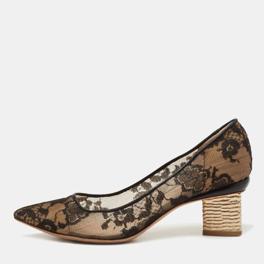 Women'S Shoes * | Nicholas Kirkwood /Beige Lace And Leather Floral Block Heel Pumps Size 39 For Women Black