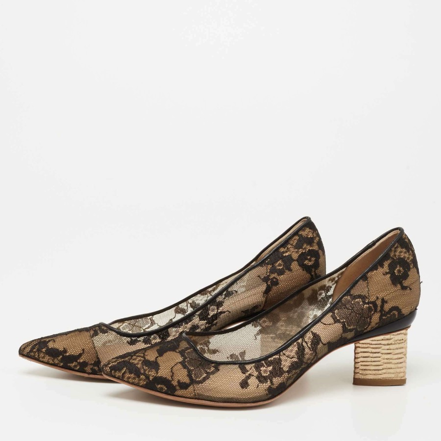 Women'S Shoes * | Nicholas Kirkwood /Beige Lace And Leather Floral Block Heel Pumps Size 39 For Women Black