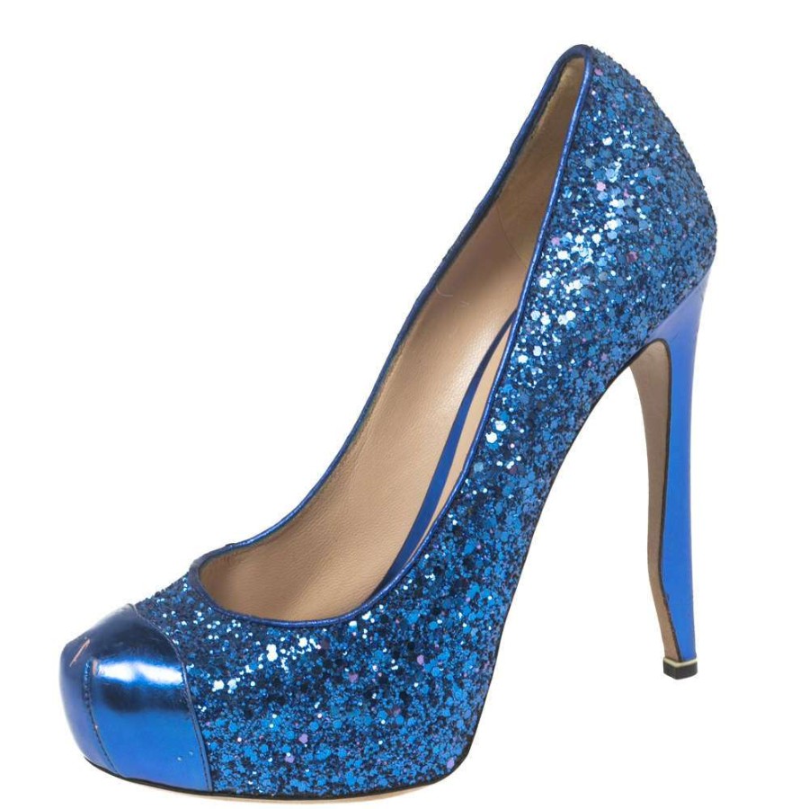 Women'S Shoes * | Nicholas Kirkwood Glitter Platform Cap Toe Pumps Size 37 For Women Blue