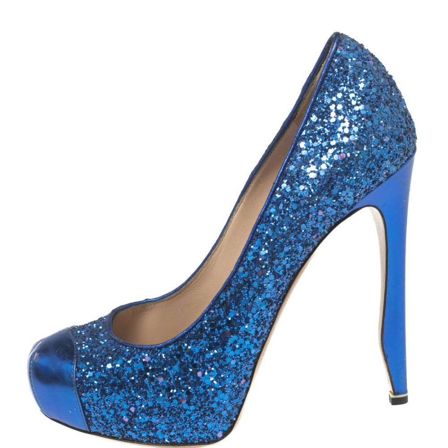 Women'S Shoes * | Nicholas Kirkwood Glitter Platform Cap Toe Pumps Size 37 For Women Blue