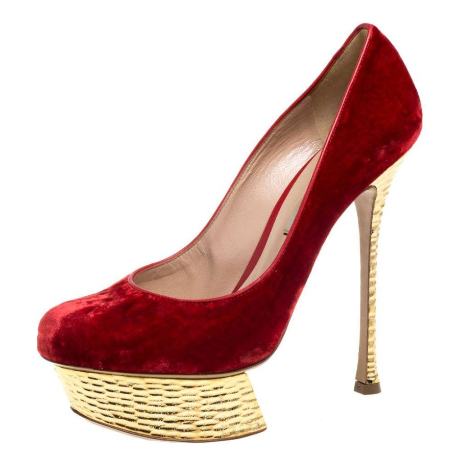 Women'S Shoes * | Nicholas Kirkwood /Gold Velvet Platform Pumps Size 37.5 For Women Red