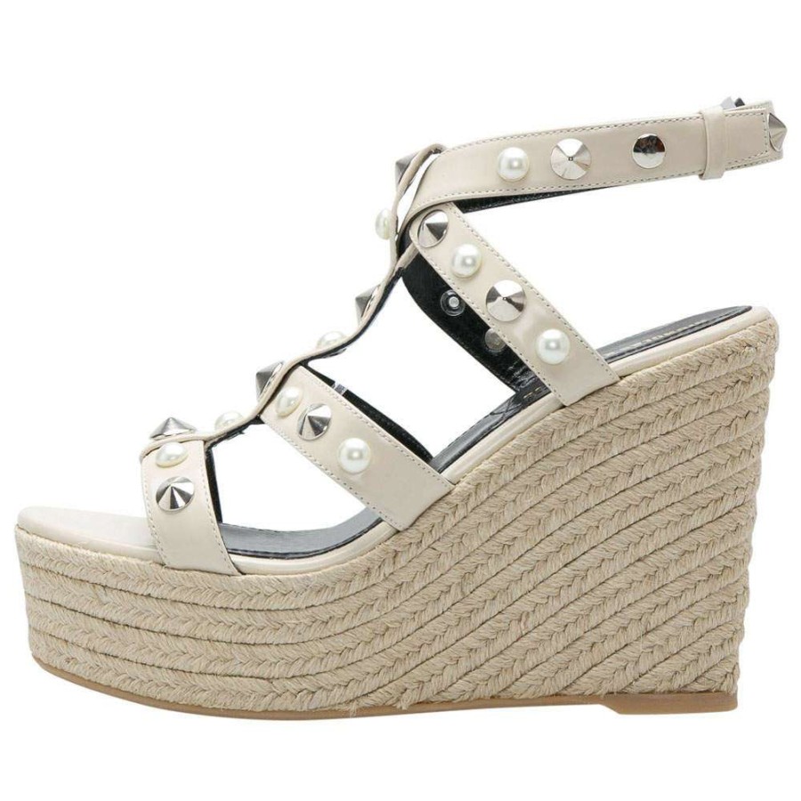 Women'S Shoes * | Nicholas Kirkwood Patent Leather Stud And Pearl Embellished Strappy Espadrille Wedges Sandals Size 37 For Women Beige