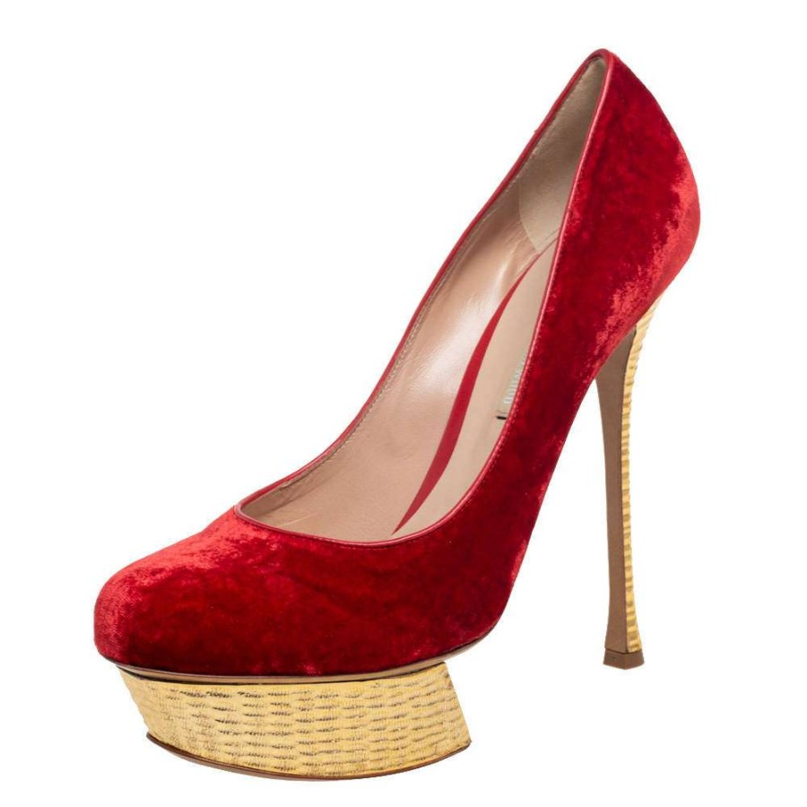 Women'S Shoes * | Nicholas Kirkwood /Gold Velvet Platform Pumps Size 40.5 For Women Red