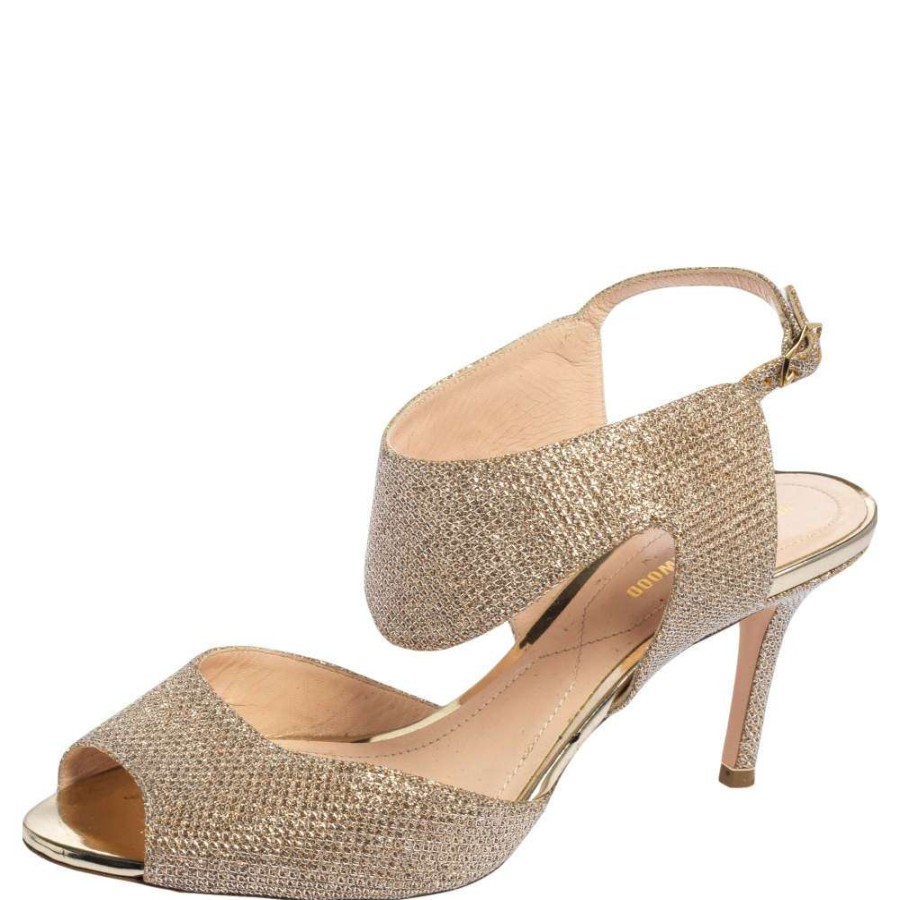 Women'S Shoes * | Nicholas Kirkwood Beige Glitter Fabric Ankle Strap Sandals Size 36.5 For Women Metallic