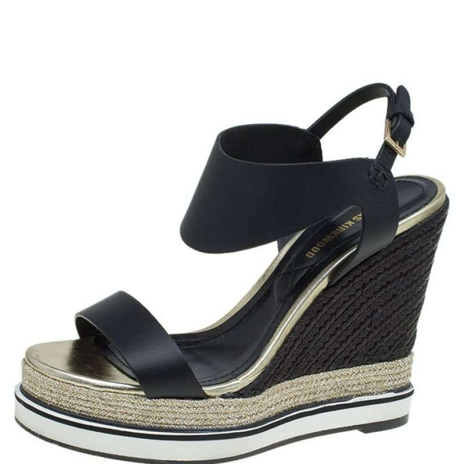 Women'S Shoes * | Nicholas Kirkwood Black Leather Leda Espadrille Wedges Size 37.5 For Women Black,Gold