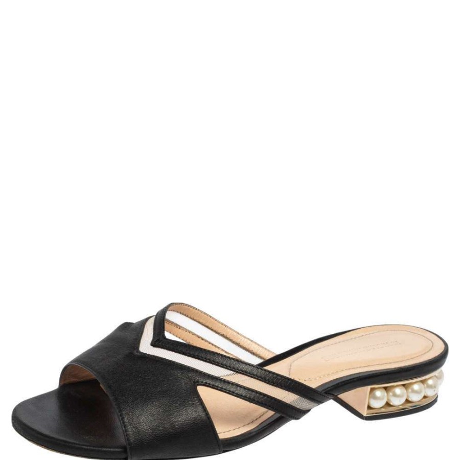 Women'S Shoes * | Nicholas Kirkwood Mesh And Leather Pearl Embellished Flat Slides Size 37 For Women Black