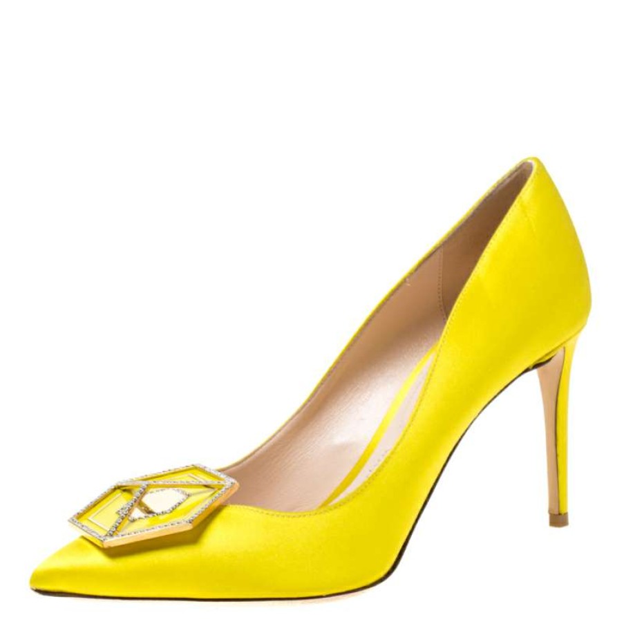 Women'S Shoes * | Nicholas Kirkwood Canary Satin Eden Jeweled Pointed Toe Pumps Size 38 For Women Yellow