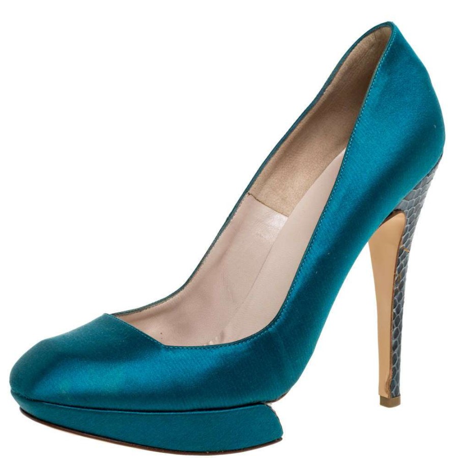 Women'S Shoes * | Nicholas Kirkwood Satin And Python Leather Trim Heel Platform Pumps Size 38 For Women Blue