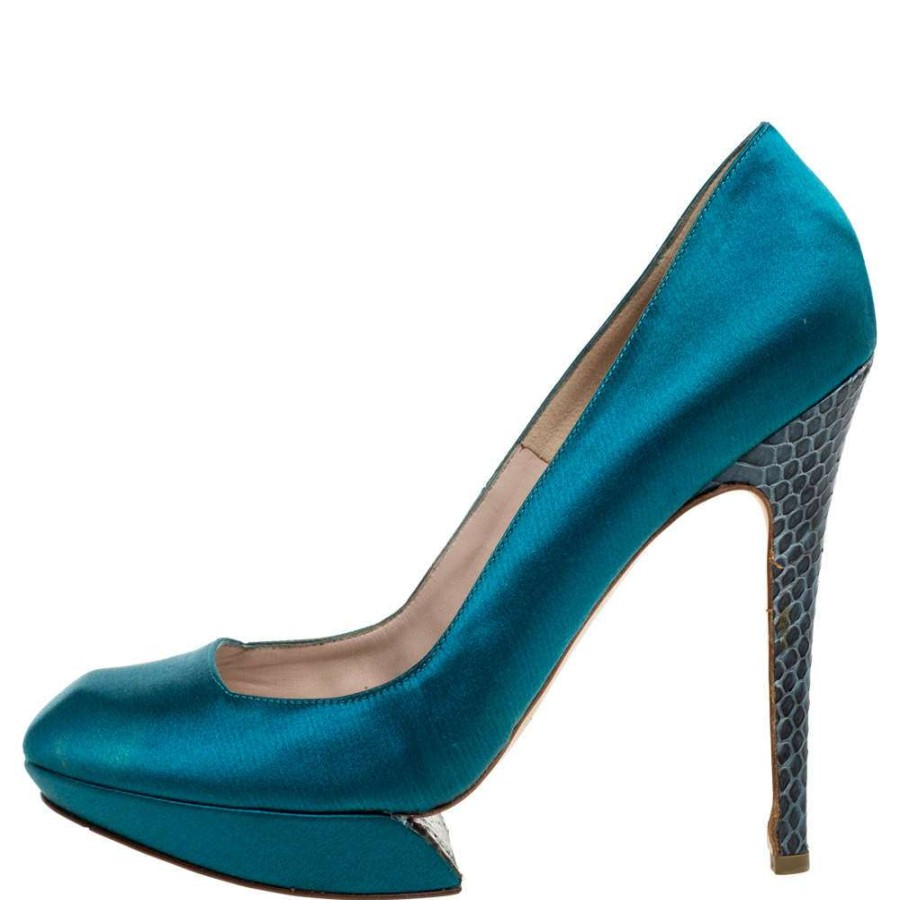 Women'S Shoes * | Nicholas Kirkwood Satin And Python Leather Trim Heel Platform Pumps Size 38 For Women Blue