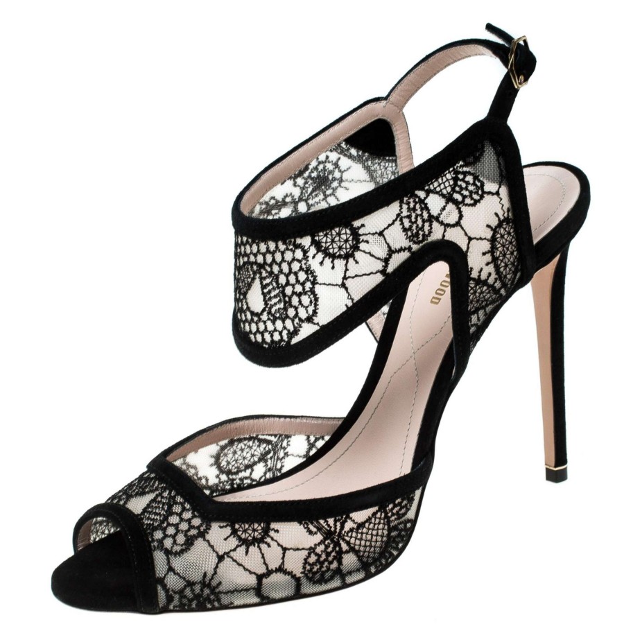 Women'S Shoes * | Nicholas Kirkwood Lace And Suede Leda Ankle Strap Sandals Size 38 For Women Black