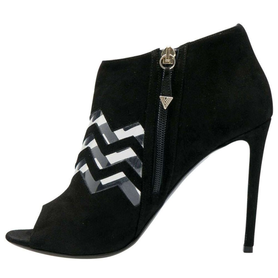 Women'S Shoes * | Nicholas Kirkwood Suede And Pvc Chevron Peep Toe Ankle Booties Size 38.5 For Women Black